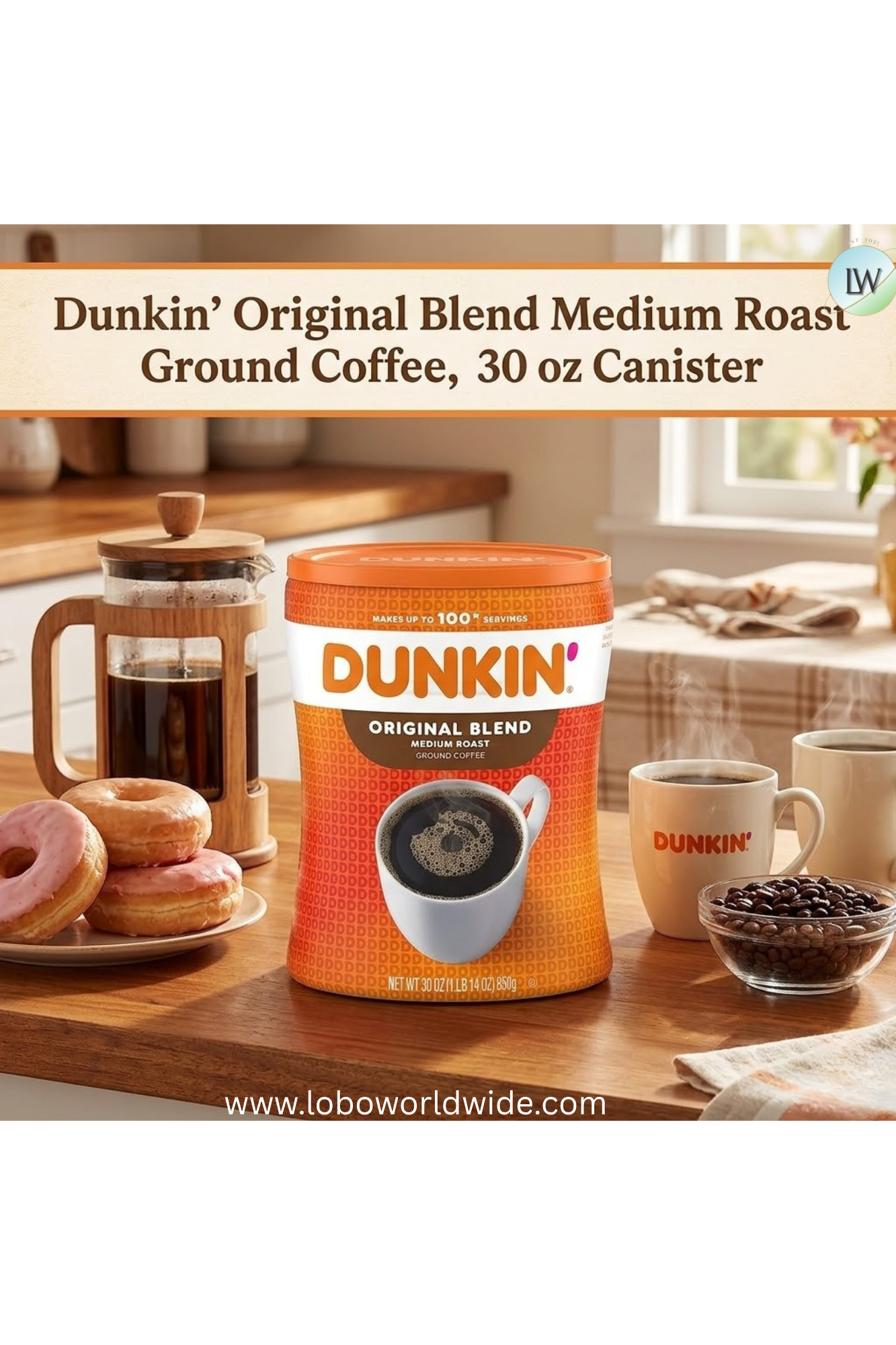 Dunkin’ Decaf Medium Roast Ground Coffee, 30 oz Canister