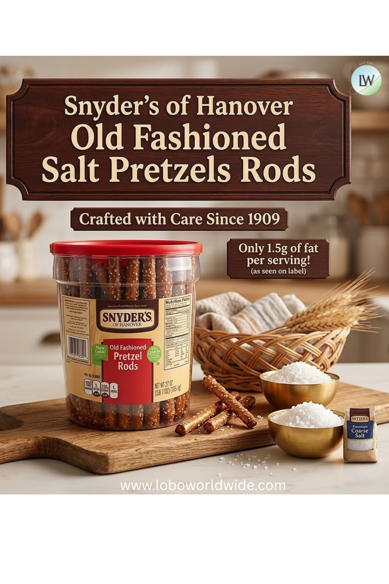 Snyder's of Hanover, Old Fashioned Pretzel Rods, 27 oz Canister