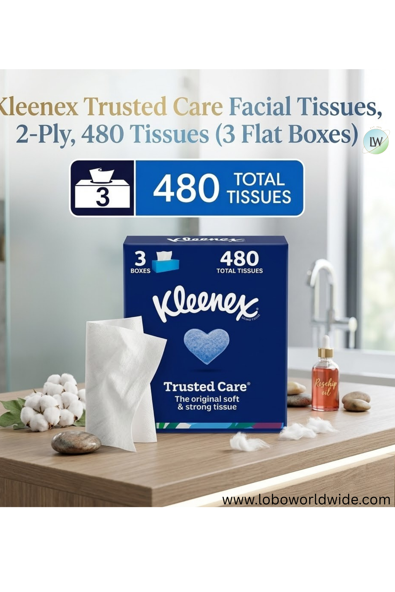 Kleenex Trusted Care Facial Tissues, 2-Ply, 480 Tissues (3 Flat Boxes)