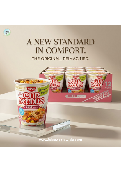 Nissin Cup Noodles Soup, Beef Flavor, Microwaveable Paper Cups, Instant Ramen, 2.25 Ounce (Pack of 12)
