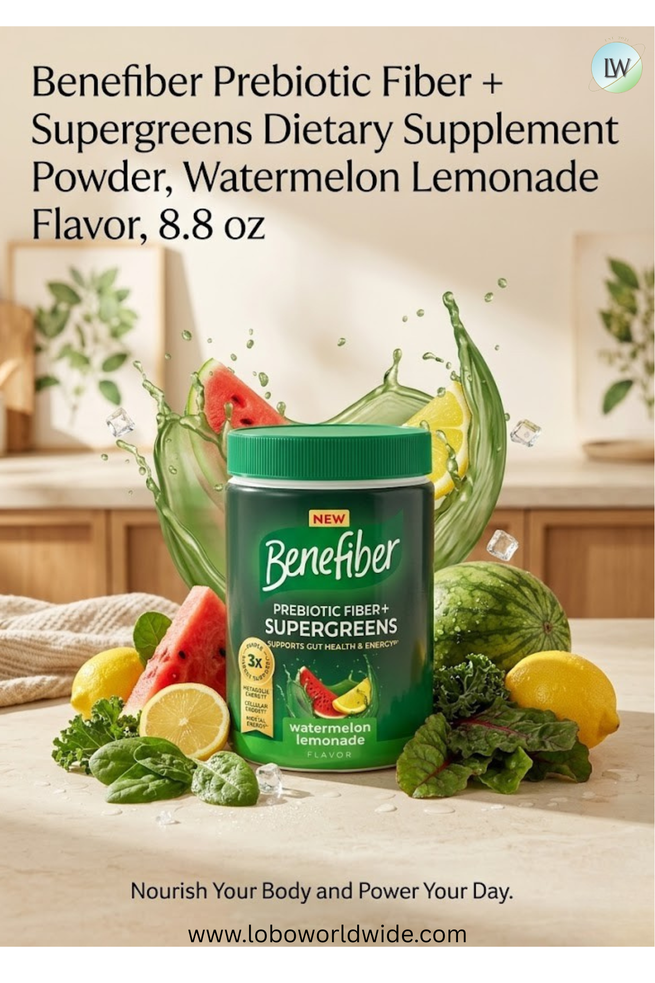 Benefiber Prebiotic Fiber + Supergreens Dietary Supplement Powder, Watermelon Lemonade Flavor, 8.8 oz