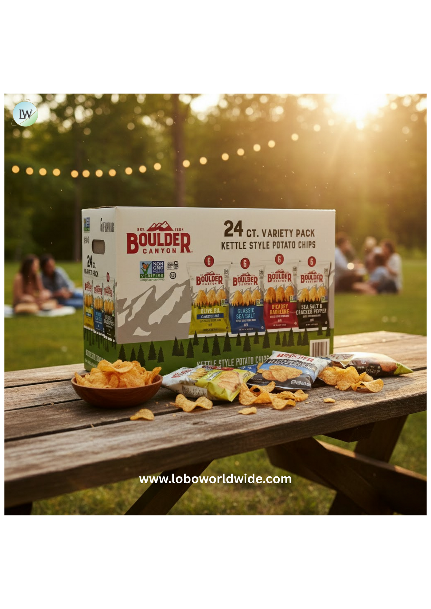 Boulder Canyon Kettle Cooked Potato Chip Variety Pack (24 Individual - 1.5 Oz Bags) of The Following Flavors: Olive Oil, Hickory Barbeque, Sea Salt and Sea Salt & Cracked Pepper