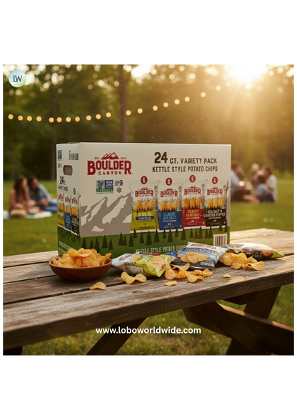 Boulder Canyon Kettle Cooked Potato Chip Variety Pack (24 Individual - 1.5 Oz Bags) of The Following Flavors: Olive Oil, Hickory Barbeque, Sea Salt and Sea Salt & Cracked Pepper