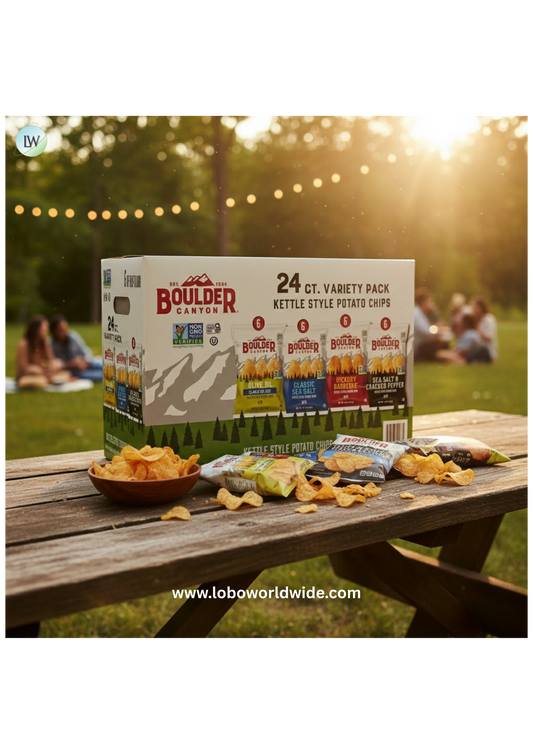 Boulder Canyon Kettle Cooked Potato Chip Variety Pack (24 Individual - 1.5 Oz Bags) of The Following Flavors: Olive Oil, Hickory Barbeque, Sea Salt and Sea Salt & Cracked Pepper