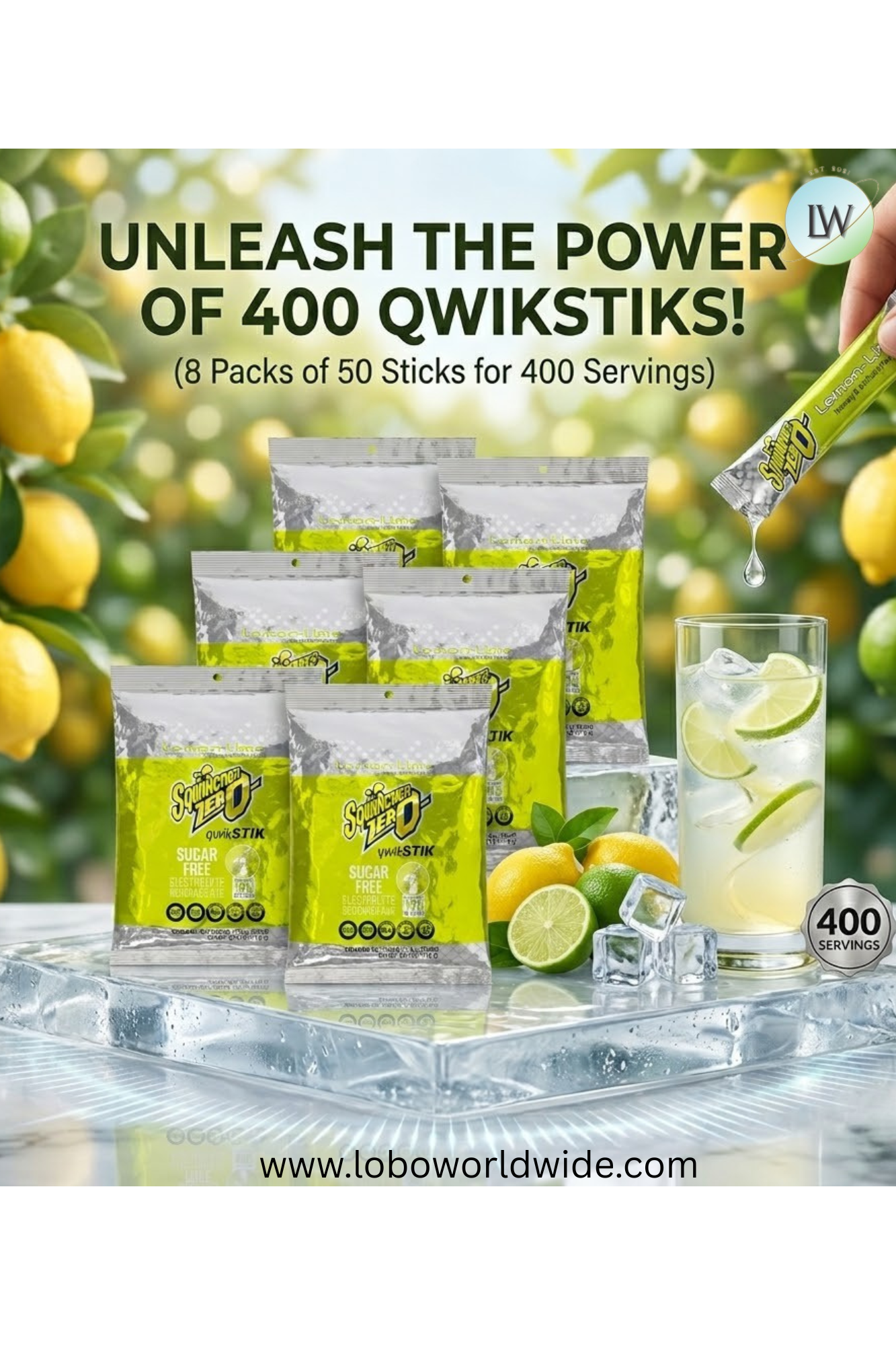 Sqwincher Quick Stiks, Sugar Free Drink Mix Powder, 10 oz Yield Per Unit,400PK(Various Flavours)