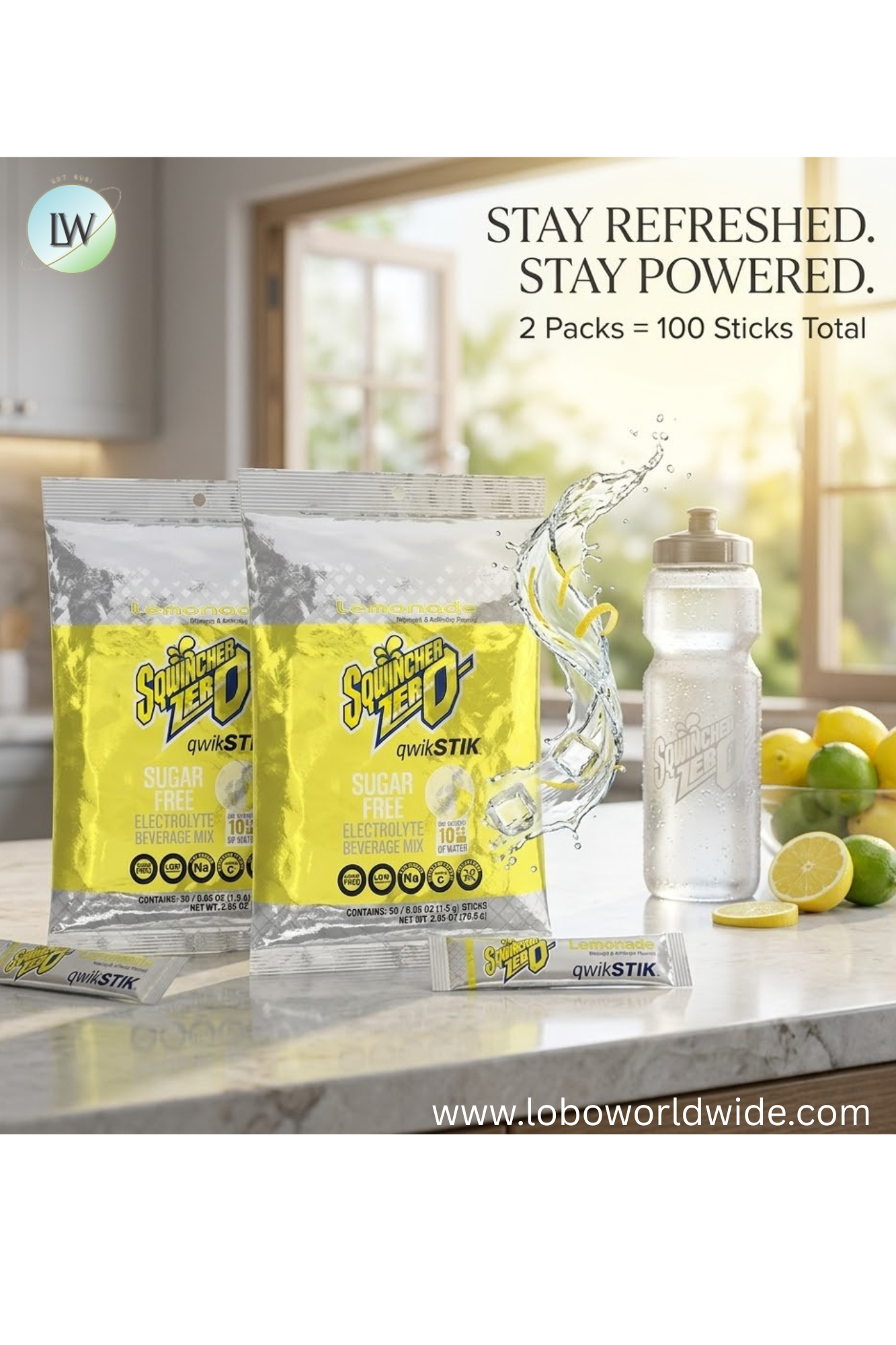 Sqwincher Quick Stiks, Sugar Free Drink Mix Powder, 10 oz Yield Per Unit,100PK(Various Flavours)