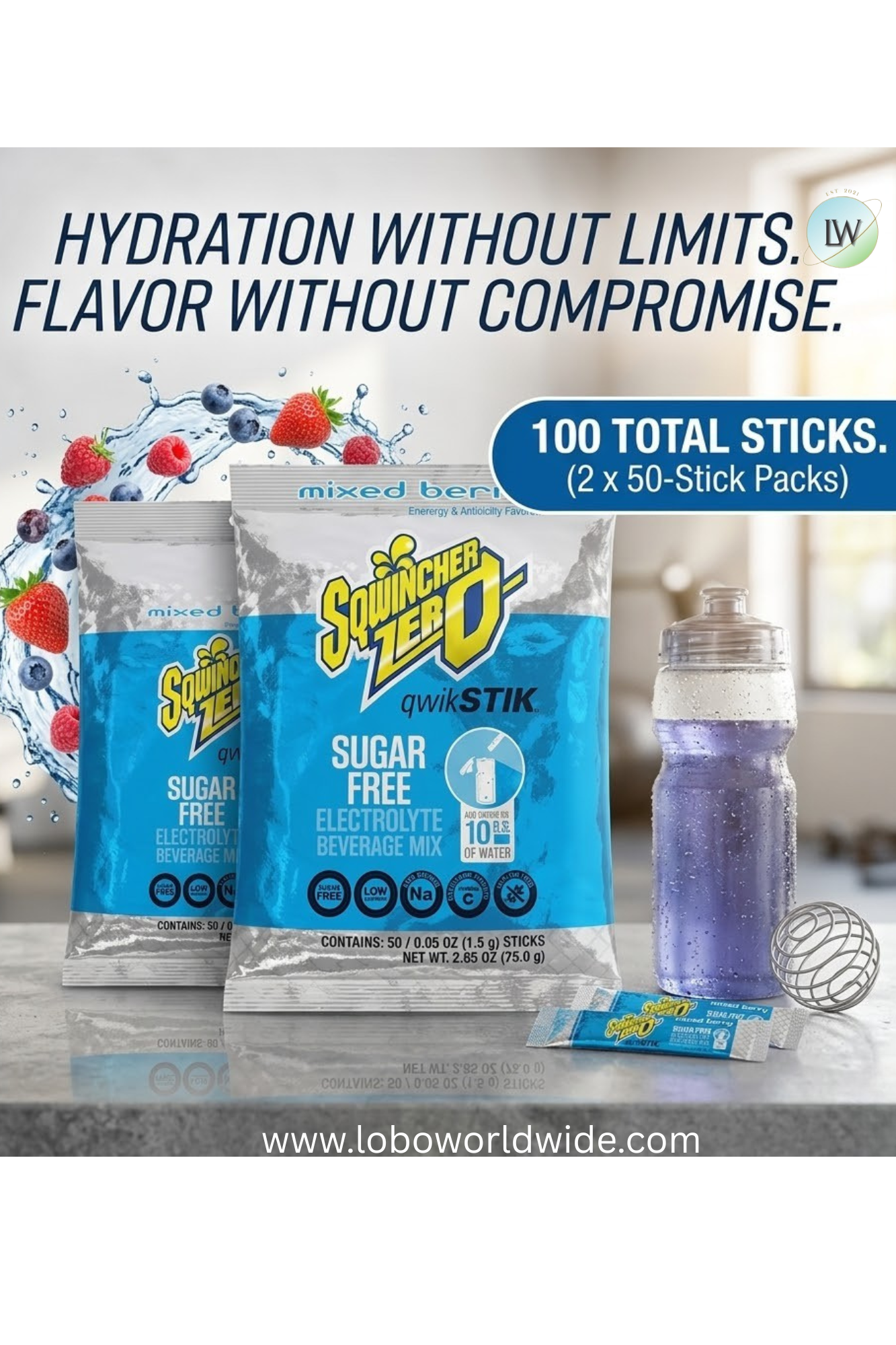Sqwincher Qwik Stik ZERO Sugar, 0.06 oz, Pack, Yields 10 oz- 100 STICKS(Various Flavours)