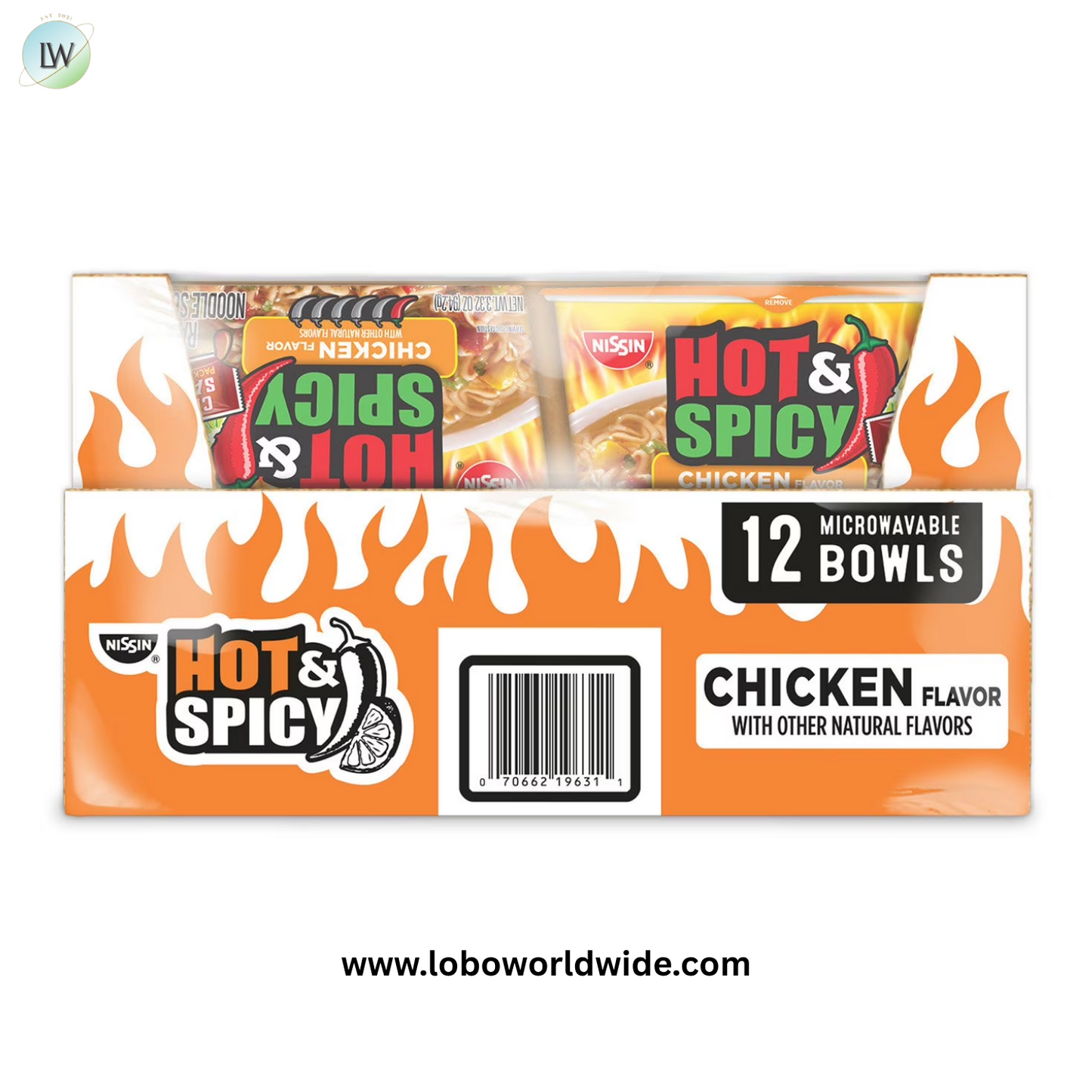 Nissin Hot and Spicy Ramen Noodle Soup Bowl, Chicken Flavor, 3.32 oz., 12 pk.