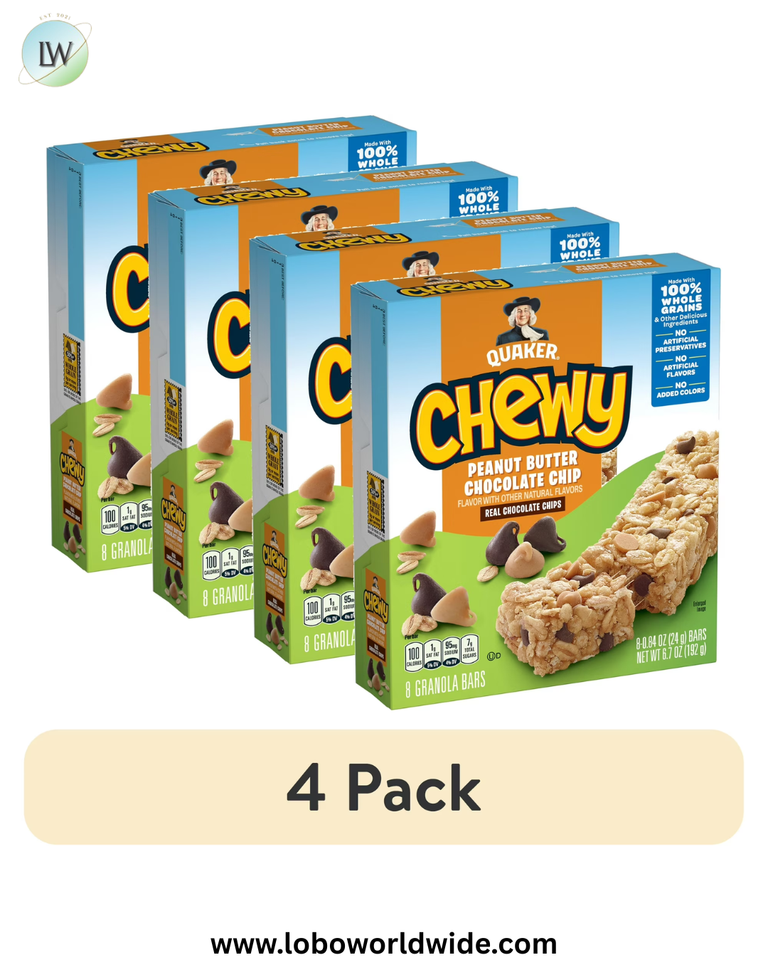 (4 pack) Quaker Oats Peanut Butter Choco Chip Granola Bars - Individually Wrapped - Peanut Butter, Chocolate Chip - 6.70 oz - 96 / Carton