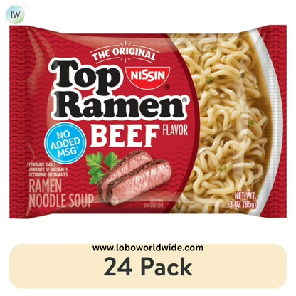 (24 pack) Nissin Foods Top Ramen Instant Ramen Noodle Soup, Beef Flavor, 3 oz Bag, Shelf-Stable