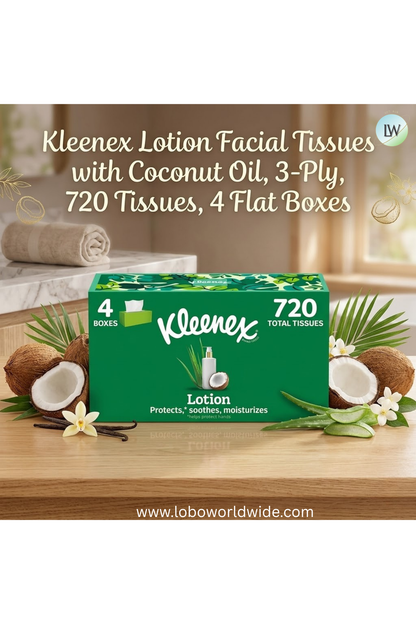 Kleenex Lotion Facial Tissues with Coconut Oil, 3-Ply, 720 Tissues, 4 Flat Boxes