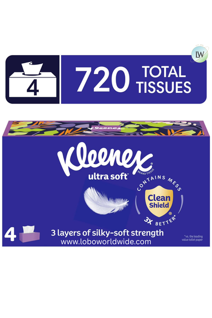 Kleenex Ultra Soft Facial Tissues, 3-Ply, 720 Tissues, 4 Flat Boxes