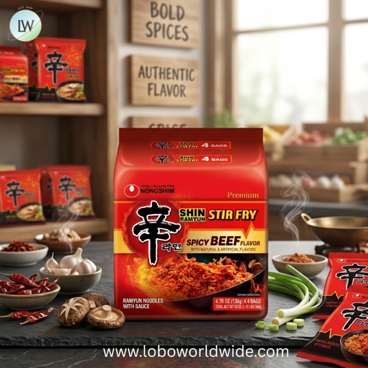 Nongshim Shin Stir Fry Spicy Beef Ramen Noodle Pack, 4.65oz x 4 Count, Shelf-Stable