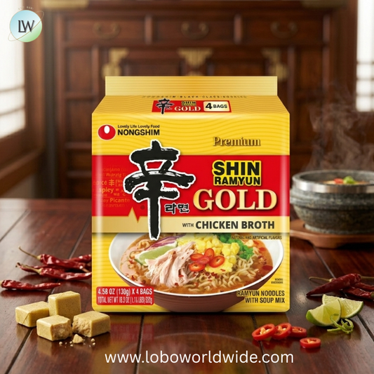Nongshim Shin Gold Spicy Chicken Broth Ramyun Premium Ramen Noodle Soup Pack, 4.58oz X 4 Count, See Item for Allergens
