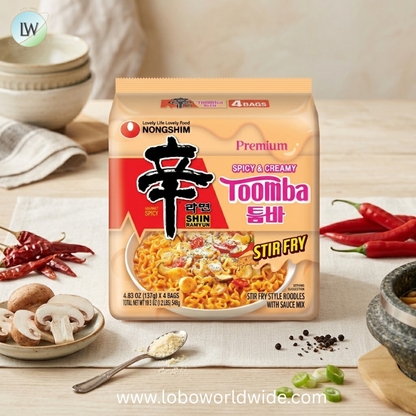 Nongshim Shin Toomba Stir Fry Creamy Premium Ramen Noodle Soup Pack, 4.83 oz X 4 Count, Shelf-Stable