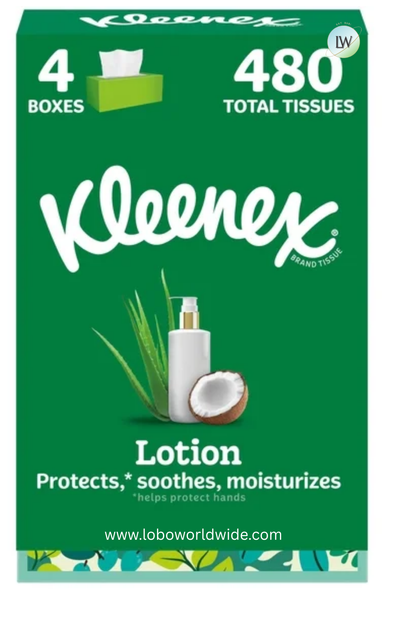 Kleenex Lotion Facial Tissues with Coconut Oil, 4 Flat Boxes, 120 Tissues Per Box, 3-Ply