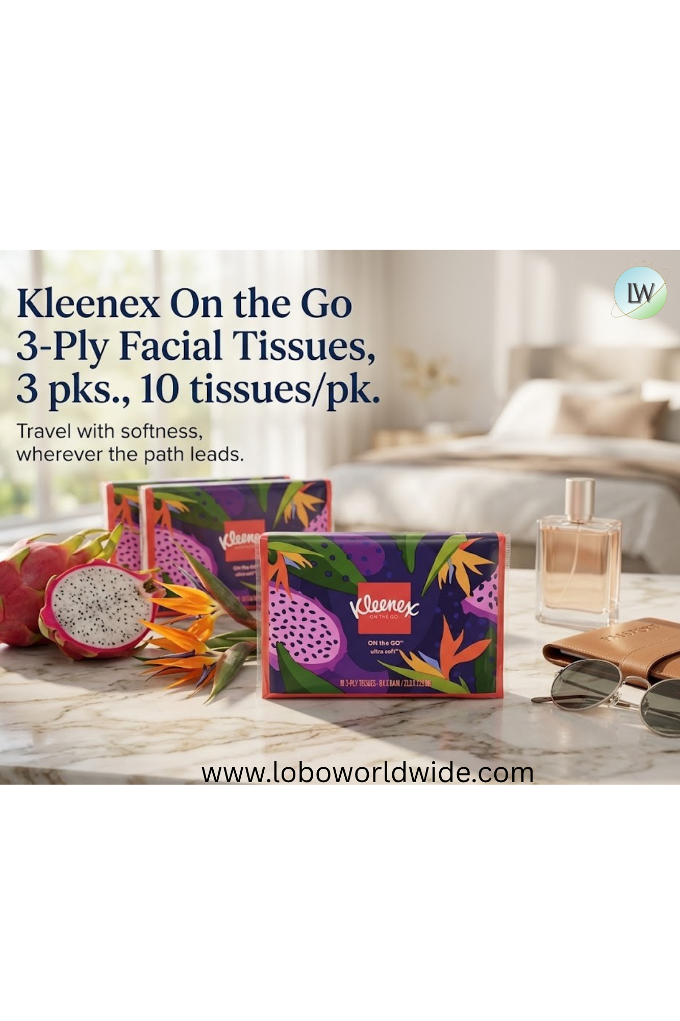 Kleenex On the Go 3-Ply Facial Tissues, 3 pks., 10 tissues/pk.