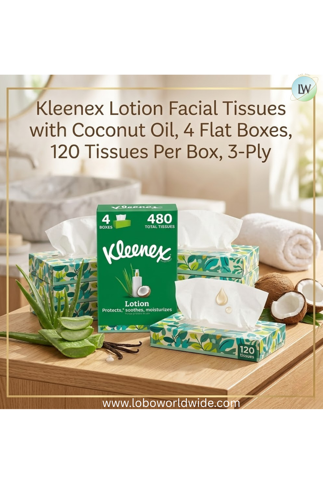 Kleenex Lotion Facial Tissues with Coconut Oil, 4 Flat Boxes, 120 Tissues Per Box, 3-Ply