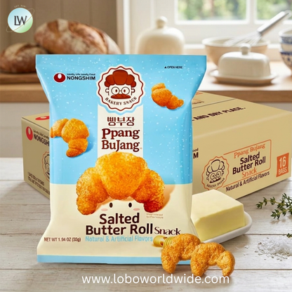 Nongshim Ppang Bujang Roll Snack - Savory and Salty Baked Good with Salted Butter, Croissant Shaped, Soft and Crunchy Korean Snack, 1.94 oz (Pack of 16)