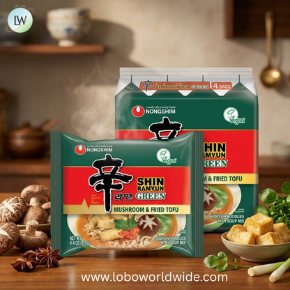 Nongshim Shin Ramyun Green Noodles, Vegan Spicy Korean Instant Ramyun, Mushroom & Fried Tofu Flavor, Bold Veggie Flavored Broth, Quick & Easy, Pantry Essential, Microwaveable, 4.4 oz (Pack of 4)