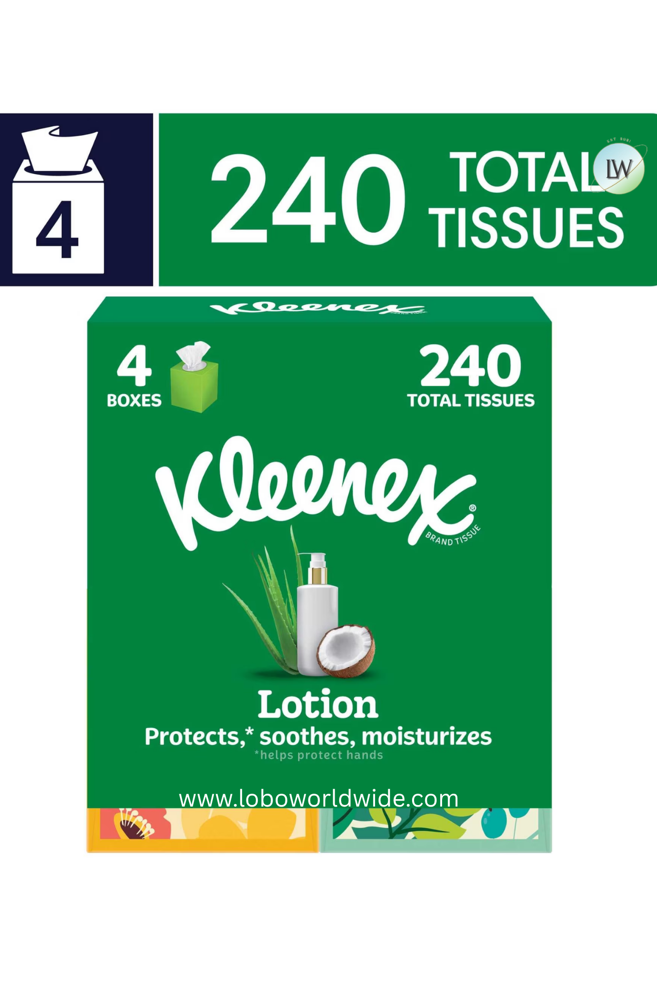 Kleenex Lotion Facial Tissues with Coconut Oil, 4 Cube Boxes, 60 Tissues per Box, 3-Ply