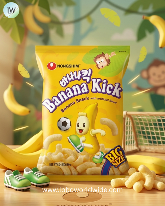 Nongshim Banana Kick Big Bag, Sweet and Crunchy Banana Flavored Corn Puff Snack, 6.34 oz