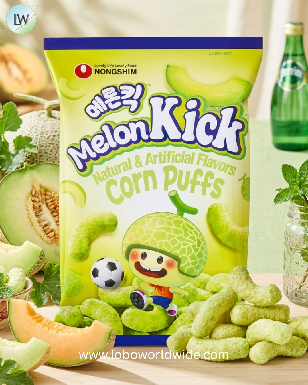 Nongshim Melon Kick Puff Snack - Sweet and Crispy Corn Puff with Creamy Melon Flavor - Crunchy and Smooth Fruit Puff, Light Korean Snack, 1.58 oz (Pack of 20)