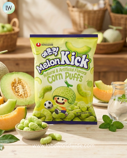Nongshim Melon Kick Big Bag, Sweet and Crispy Corn Puff with Creamy Melon Flavor, Crunchy and Smooth Fruit Puff, Light Korean Snack, 6.34 oz