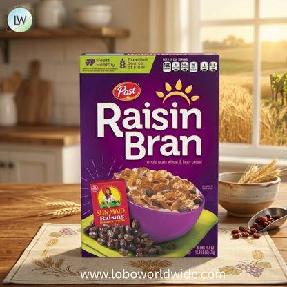 Post Raisin Bran Cereal, Made with Wheat and Bran Flakes and Sweet Sun-Maid Raisins.