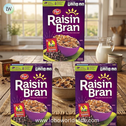 Post Raisin Bran Cereal, Made with Wheat and Bran Flakes and Sweet Sun-Maid Raisins.
