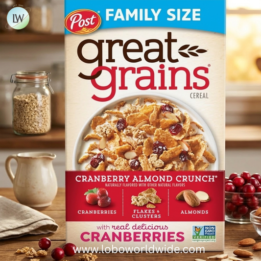 Great Grains Cranberry Almond Crunch Breakfast Cereal for Adults, Dried Cranberries and Almonds, Made with Whole Grain, Non-GMO, Heart Healthy.