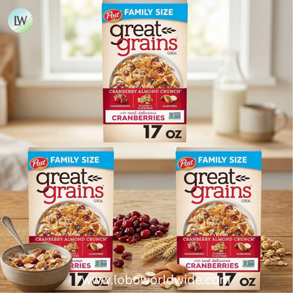 Great Grains Cranberry Almond Crunch Breakfast Cereal for Adults, Dried Cranberries and Almonds, Made with Whole Grain, Non-GMO, Heart Healthy.