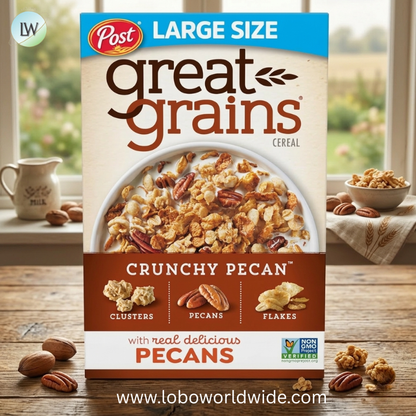 Great Grains Crunchy Pecans Breakfast Cereal for Adults, Crispy Flakes and Granola Clusters, Non-GMO, Heart Healthy, Made with Whole Grain