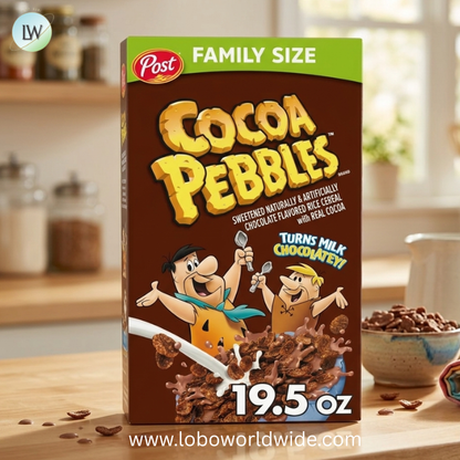 Cocoa PEBBLES Cereal, Chocolatey Kids Crunch, Gluten Free Sweetened Rice Crunch, Family Size Cereal Box.