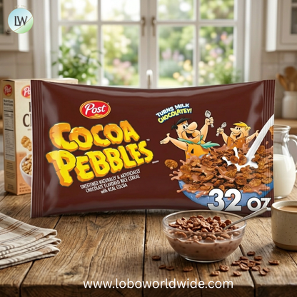 Cocoa PEBBLES Cereal, Chocolatey Kids Crunch, Gluten Free Sweetened Rice Crunch, Family Size Cereal Box.