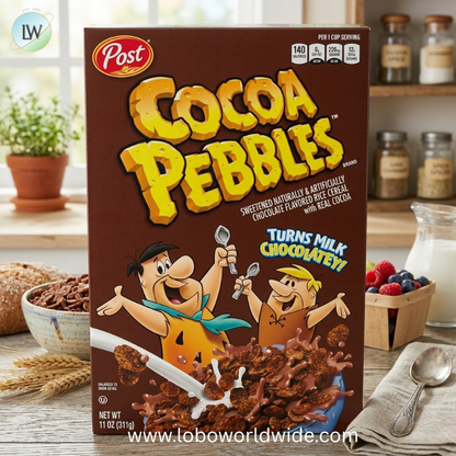 Cocoa PEBBLES Cereal, Chocolatey Kids Crunch, Gluten Free Sweetened Rice Crunch, Family Size Cereal Box.