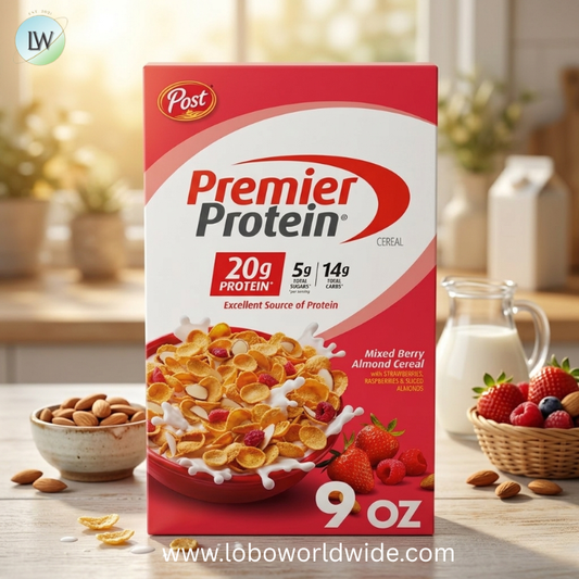 Premier Protein Mixed Berry Almond Cereal, Protein Cereal Flakes Mixed with Dried Berries and Sliced Almonds, Contains 20g of Protein Per Serving.