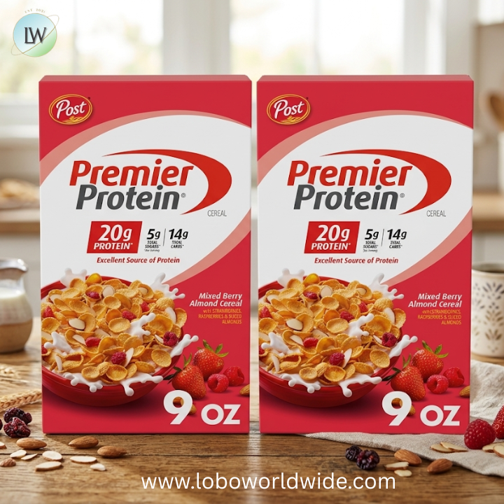 Premier Protein Mixed Berry Almond Cereal, Protein Cereal Flakes Mixed with Dried Berries and Sliced Almonds, Contains 20g of Protein Per Serving.