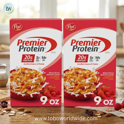 Premier Protein Mixed Berry Almond Cereal, Protein Cereal Flakes Mixed with Dried Berries and Sliced Almonds, Contains 20g of Protein Per Serving.