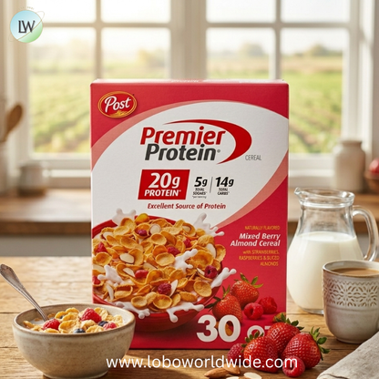 Premier Protein Mixed Berry Almond Cereal, Protein Cereal Flakes Mixed with Dried Berries and Sliced Almonds, Contains 20g of Protein Per Serving.