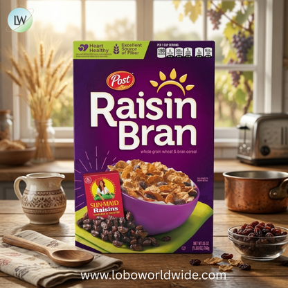 Post Raisin Bran Cereal, Made with Wheat and Bran Flakes and Sweet Sun-Maid Raisins.