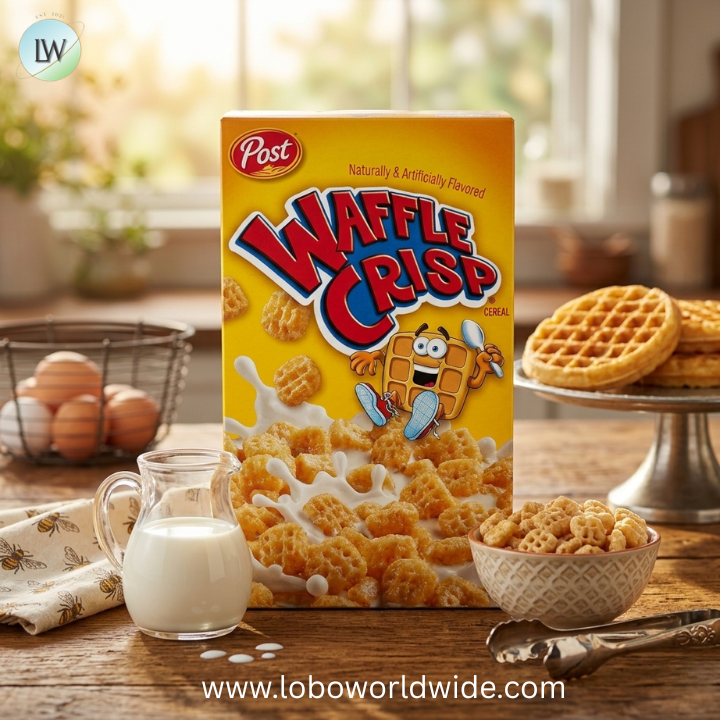 Waffle Crisp Breakfast Cereal, Sweetened Waffle Shaped Cereal.