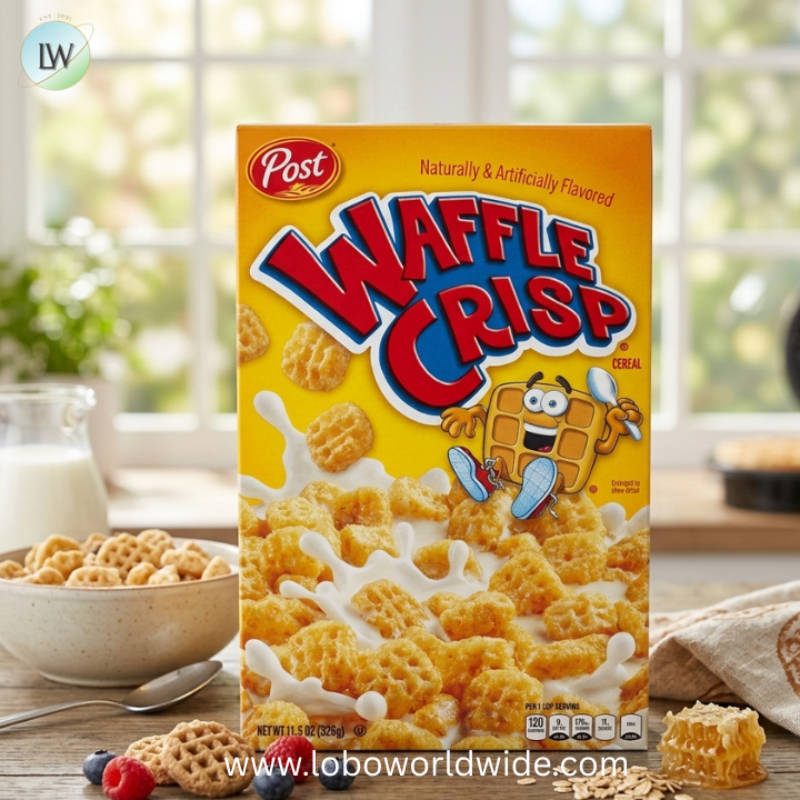 Waffle Crisp Breakfast Cereal, Sweetened Waffle Shaped Cereal.