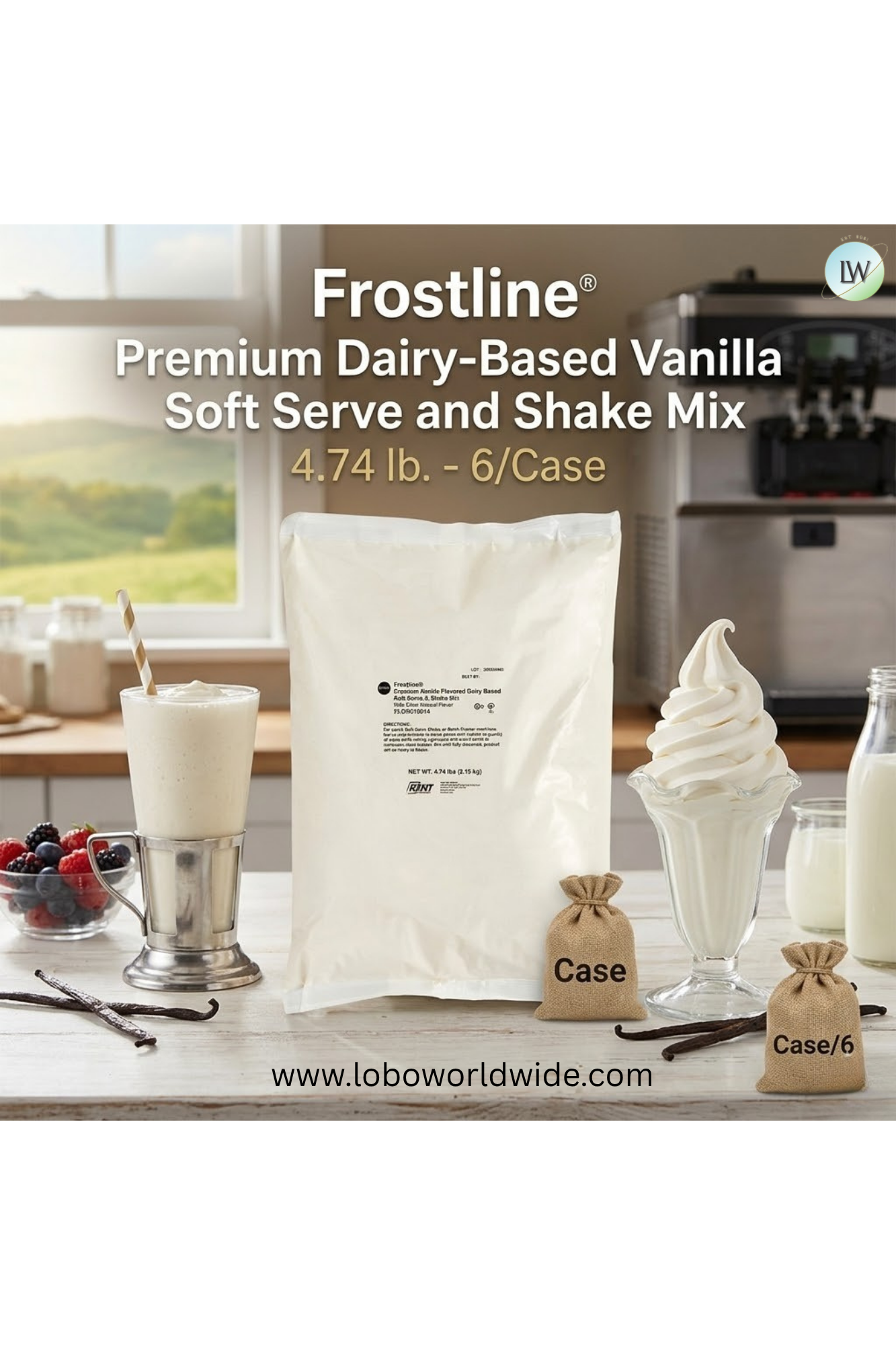 Frostline Premium Vanilla Dairy Based Soft Serve and Shake Mix, 4.74 Pound (Pack of 6)