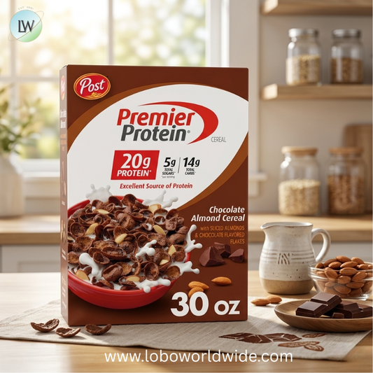 Post Premier Protein Chocolate Almond Cereal, Chocolatey Protein Cereal Flakes with Sliced Almonds, Contains 20g of Protein Per Serving.