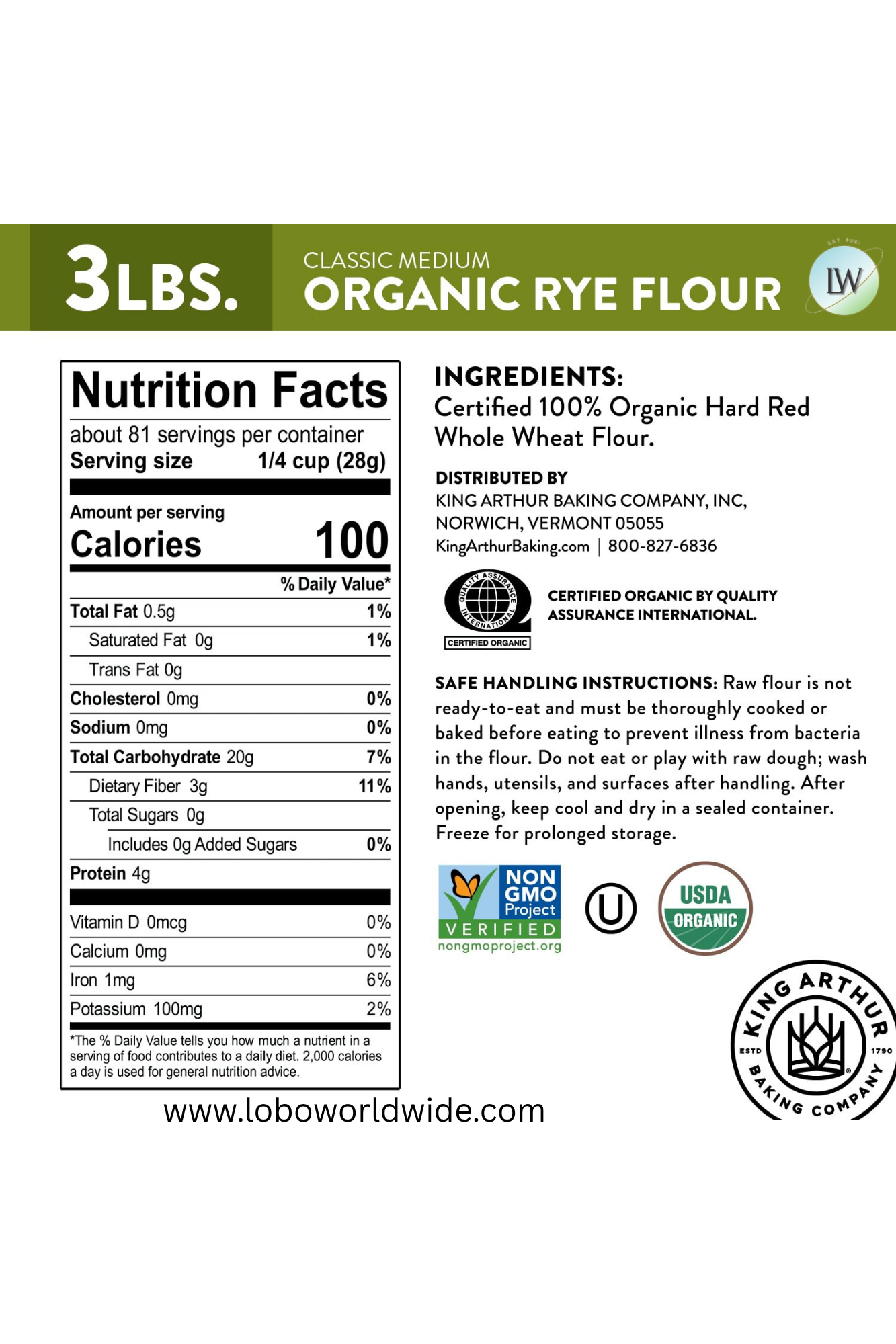 King Arthur, Organic Medium Rye Flour, 3 lb.