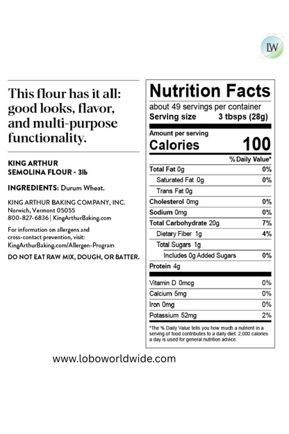 King Arthur, Premium Semolina Flour, 3 lb.