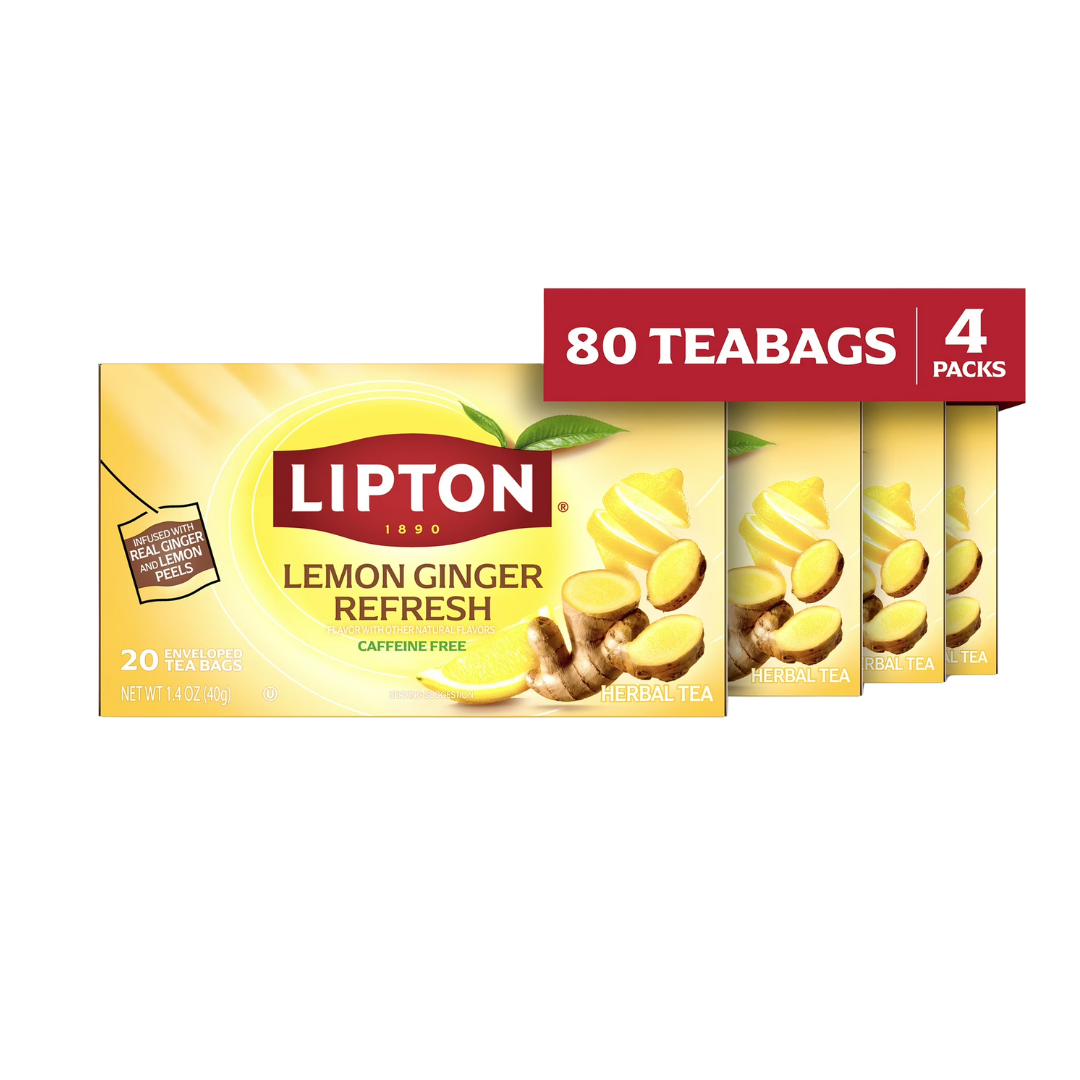 Lipton Lemon Ginger Refresh, Fruit & Herbal Tea, Caffeine Free, 80 Tea Bags