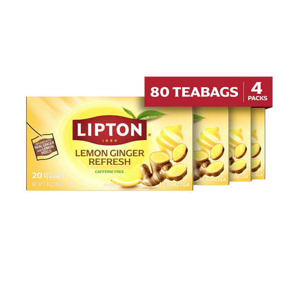 Lipton Lemon Ginger Refresh, Fruit & Herbal Tea, Caffeine Free, 80 Tea Bags