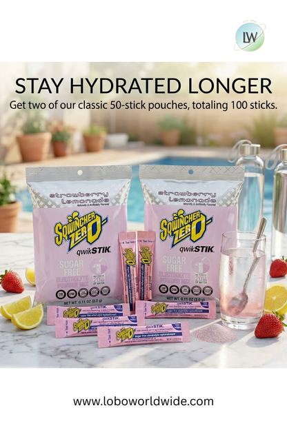 Sqwincher Qwik Stik ZERO Sugar, 0.11 oz, Pack, Yields 20 oz,100pk(Various Flavours)